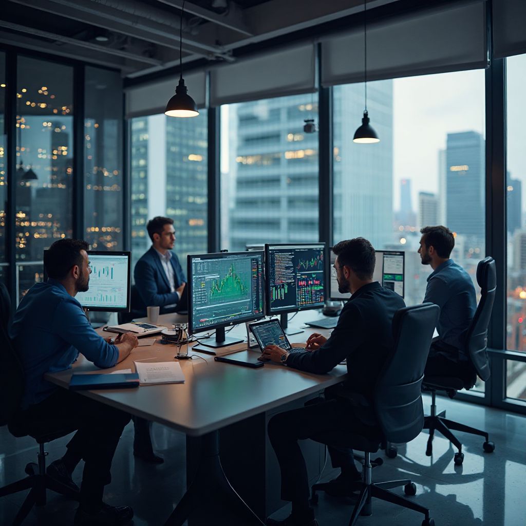 Investment firm office with analysts